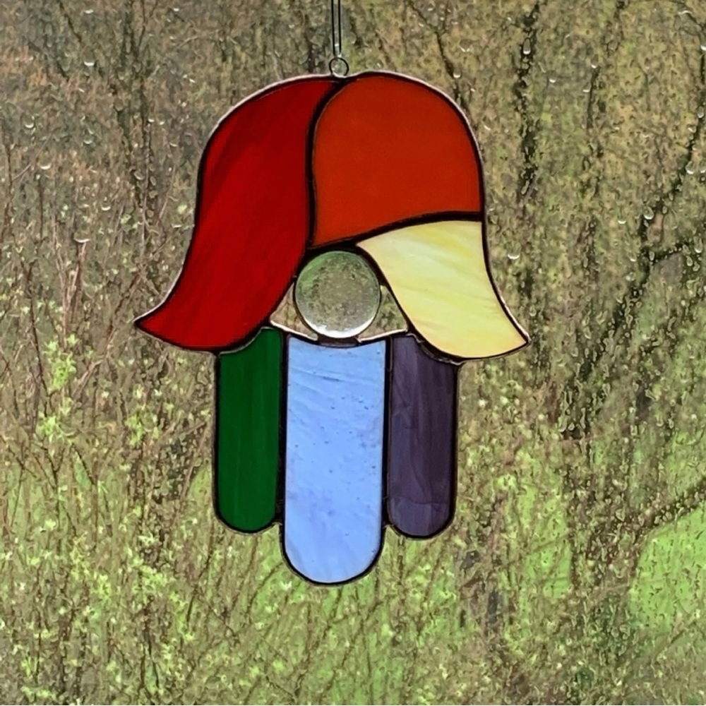 Vintage Stained Glass Sun Catcher Hamsa Fatima Talisman